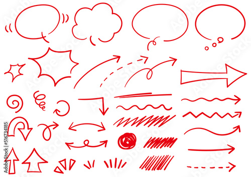 手書きの吹き出しと矢印セット　赤