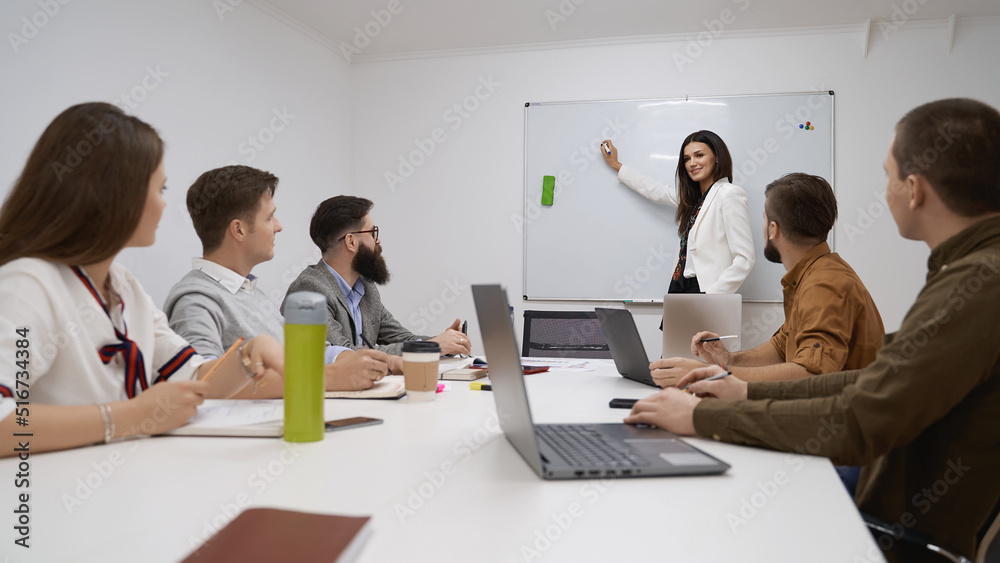 Female manager or team leader. Team and manager discussing during the meeting in IT office