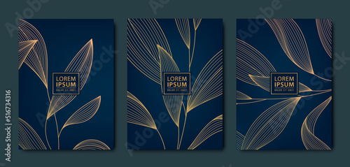 Vector japanese background with Gold texture. Luxury black wavy line pattern. Premium backdrop for business layout, texture for print, poster, book, cover. Leaves, plant, nature.