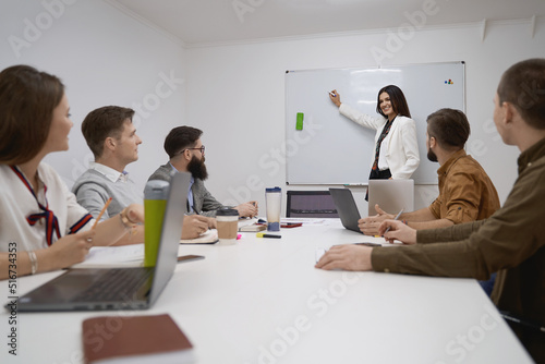 Obraz na płótnie Female manager or team leader. Team and manager discussing during the meeting in IT office w salonie