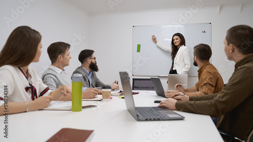 Obraz na płótnie Female manager or team leader. Team and manager discussing during the meeting in IT office w salonie