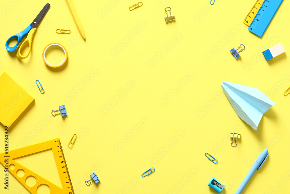School supplies on yellow background. Flat lay, top view, copy space. Minimal style. School supplies on yellow background. Flat lay, top view, copy space. Minimal style.