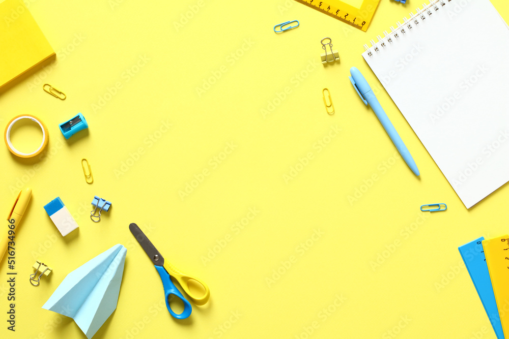 Flat lay school or office supplies on yellow background. Creative layout with school stationery. Top view. Flat lay school or office supplies on yellow background. Creative layout with school stationery. Top view.