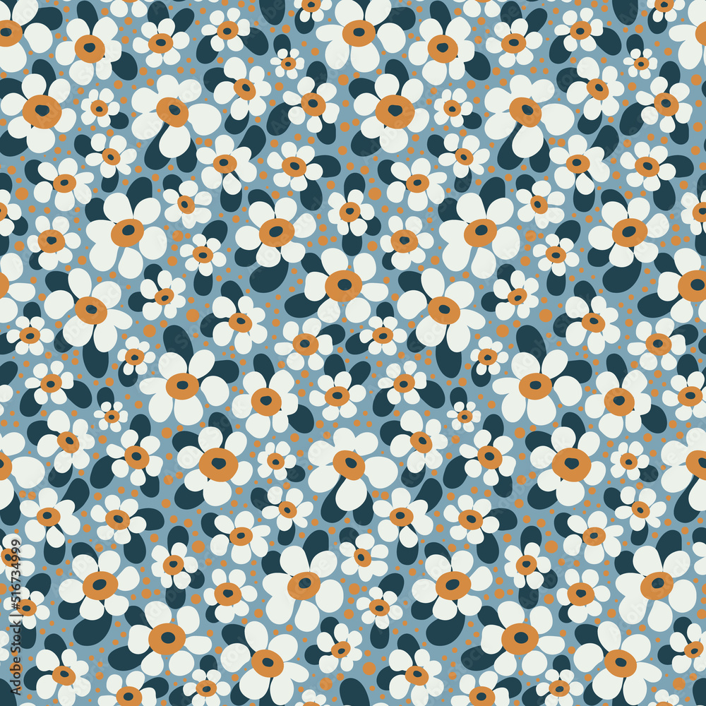 Hand drawn ditsy flower field seamless pattern, cute floral