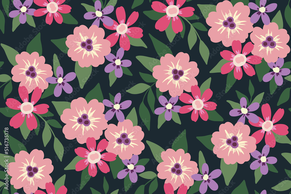 custom made wallpaper toronto digitalSeamless floral pattern, baby ditsy print with cute pink flowers in bouquets on a green field. Cute botanical background with gentle summer meadow, small flowers, leaves. Vector illustration.