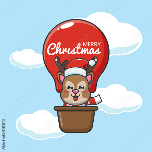 Cute deer fly with air balloon. Cute christmas cartoon illustration.