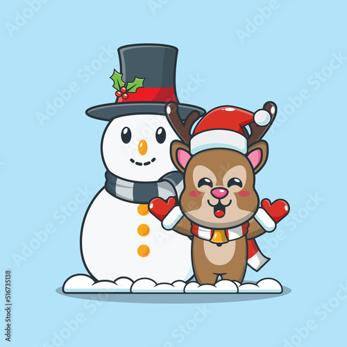 Cute deer playing with Snowman. Cute christmas cartoon illustration.