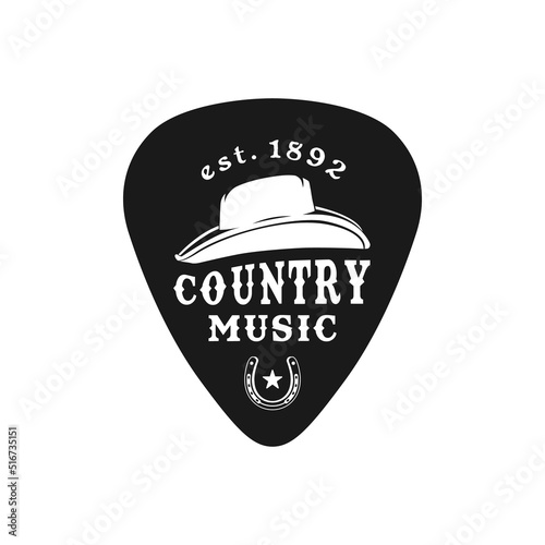 Guitar Pick With Cowboy Hat Icon For Western Country Music Symbol Emblem Vector Design