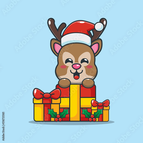 Cute deer with christmas gift. Cute christmas cartoon illustration.