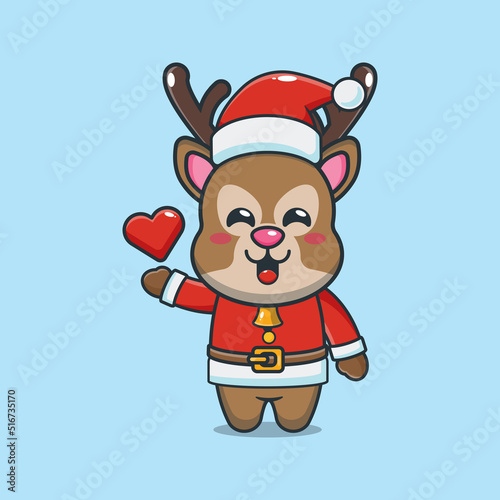 Cute deer wearing santa costume. Cute christmas cartoon illustration.