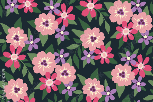 Wallpaper Mural Seamless floral pattern, baby ditsy print with cute pink flowers in bouquets on a green field. Cute botanical background with gentle summer meadow, small flowers, leaves. Vector illustration. Torontodigital.ca