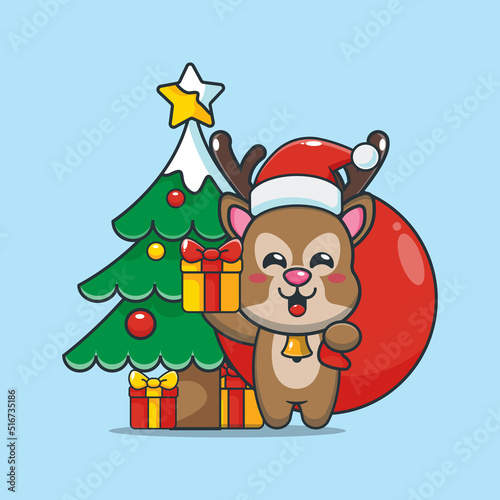 Cute santa deer carrying christmas gift. Cute christmas cartoon illustration.