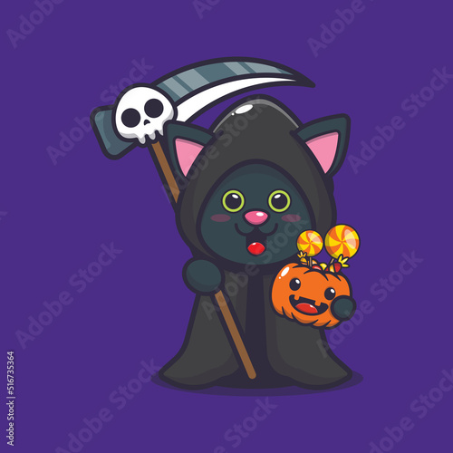 cute cat grim reaper holding halloween pumpkin. cute halloween cartoon vector illustration
