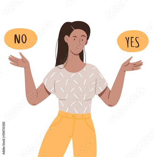 Young girl chooses Yes or No. Concept of choice, search for an answer, acceptance of refusal or consent.