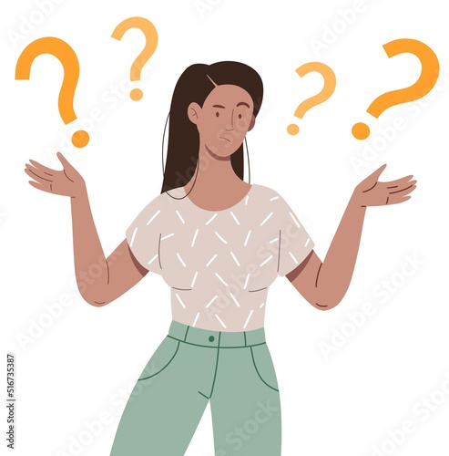 Confused girl with question marks. Isolated flat character on a white background.