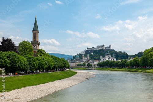 Cityscape of Salzburg buildings and Salzach river, Salzburg, Austria