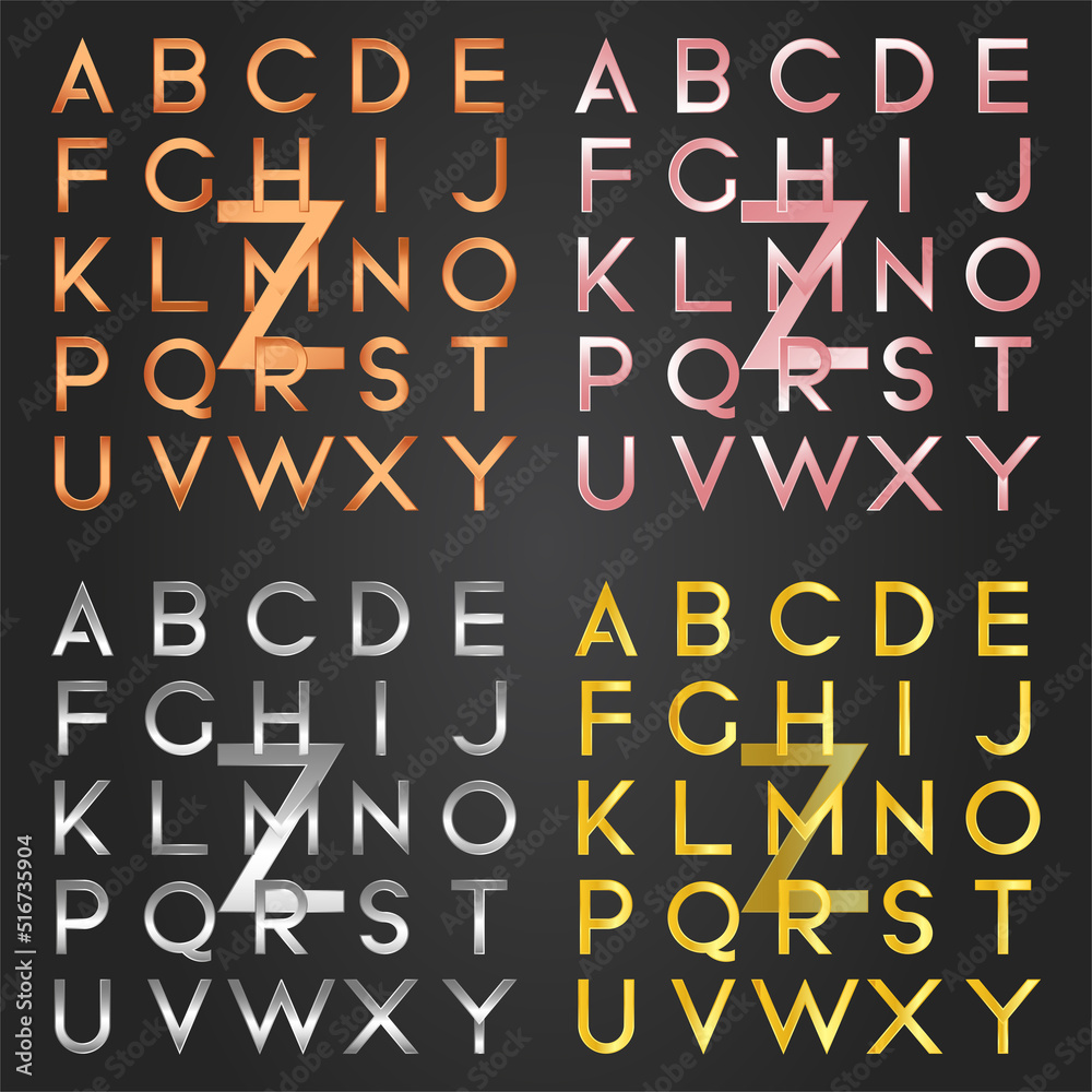 gradient alphabet collections with golden, silver, cooper, and rose gold gradient color