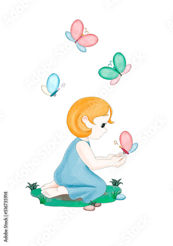 A cute little cartoon girl in a light summer blue dress sits on the grass in profile. There are large beautiful butterflies around her. Digital illustration in watercolor style
