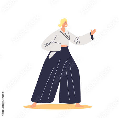 Woman aikido fighter in costume for competition or training. Traditional japanese martial arts