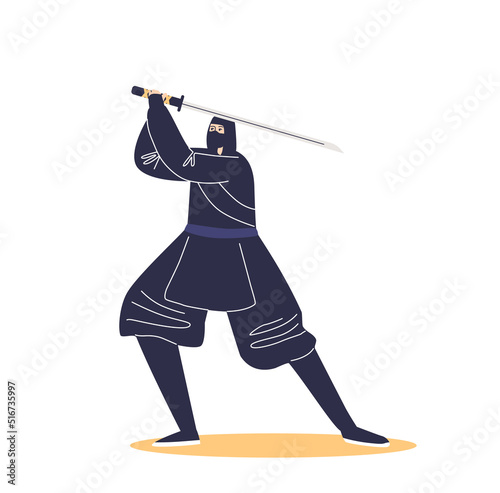 Kung fu samurai warrior with sword. Ancient chinese wushu fighter in traditional black costume