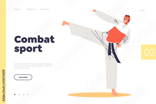 Combat sport concept of landing page with male taekwondo fighter in costume and helmet