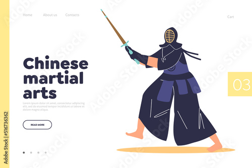 Chinese martial arts concept of landing page with wushu warrior in mask and black kimono costume