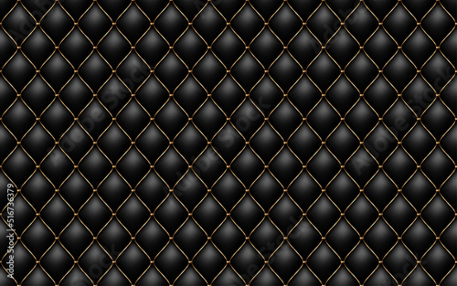 Black buttoned luxury leather pattern with golden diagonal wire waves. Vector premium seamless background diamond shape elements. Luxury pattern for page fill, wrapping paper, wallpaper