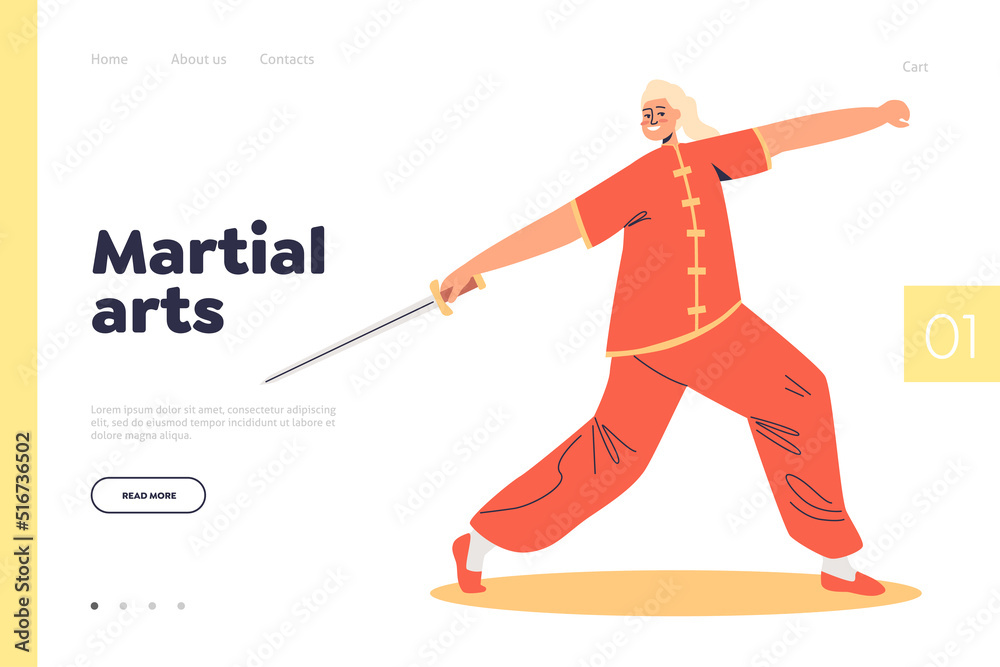 Martial arts concept of landing page with woman kung fu fighter in costume for competition