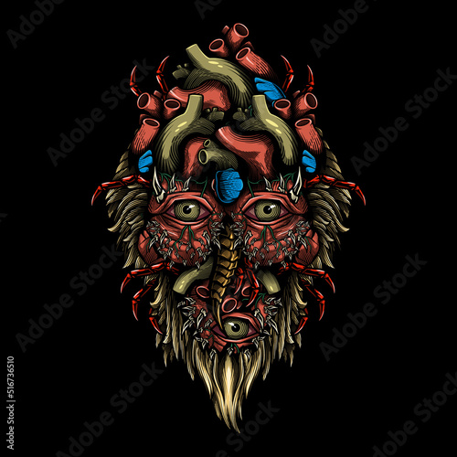 Horror scary face. Vector illustration in engraving technique of supernatural spooky face, surreal portrait of demon. 