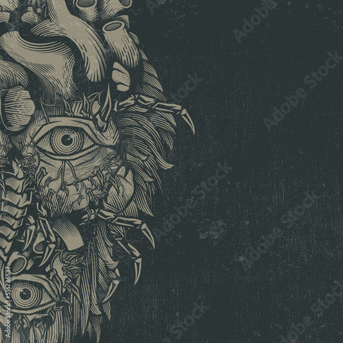Horror scary face. Vector illustration in engraving technique of supernatural spooky face, surreal portrait of demon. 