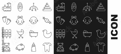 Set line Baby clothes, Rubber duck, Candy, crib hanging toys, Happy little girl head, footprints, Toy train and boy icon. Vector