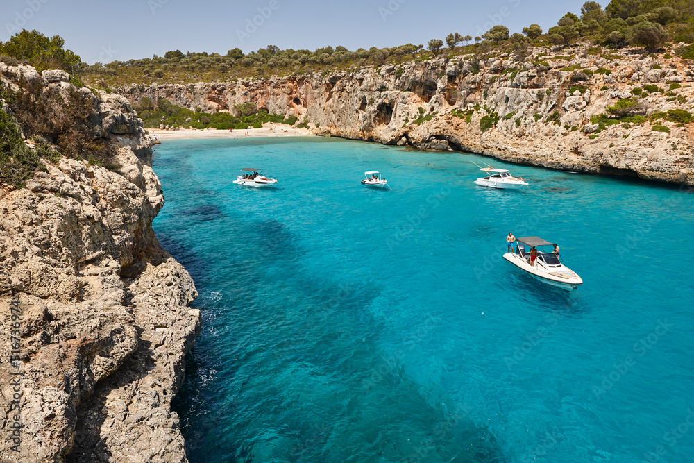 Turquoise waters in Mallorca. Pilota cove. Mediterranean coastline. Balearic islands