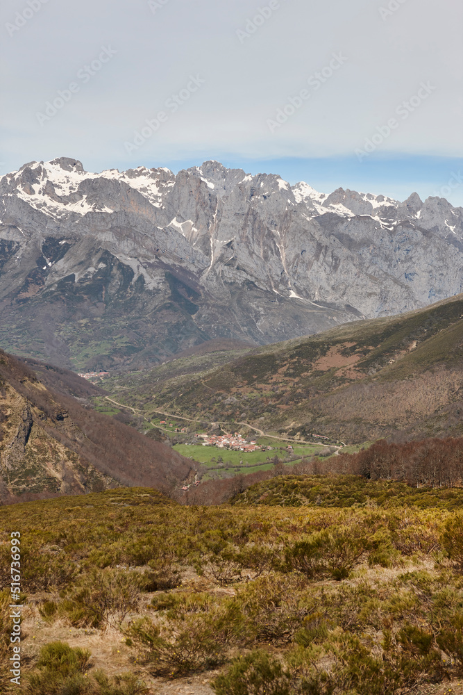Green valley mountain landscape. Cares route. Castilla Leon, Spain