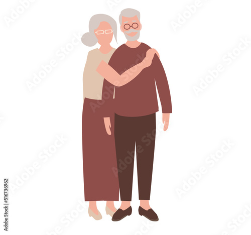 Portrait of a senior elderly couple isolated on a white background, old couple.An elderly man and woman. Cartoon elder grandparents. Colored flat illustration of a gray-haired grandmother, gran