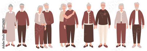 Set of portrait of a senior elderly couple isolated on a white background, old couple.An elderly man and woman. Cartoon elder grandparents. Colored flat illustration of a gray-haired grandmother, gran