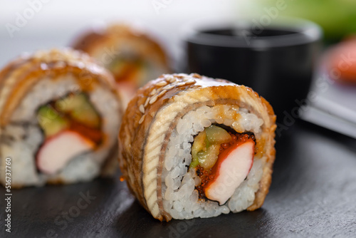 Sushi roll with rice, crab, cucumber. Sushi menu. Japanese food.
