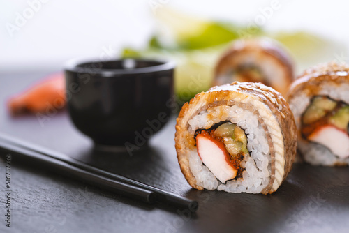 Sushi roll with rice, crab, cucumber. Sushi menu. Japanese food.