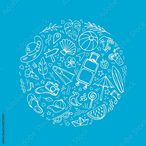 Summer resort symbols doodle clipart. Mellow season. Round composition, white on blue