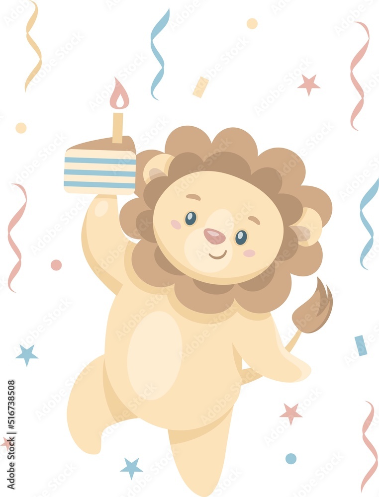 Children's vector illustration. Cute lion cub jumping for joy. Little lion with a piece of cake. Birthday card 
