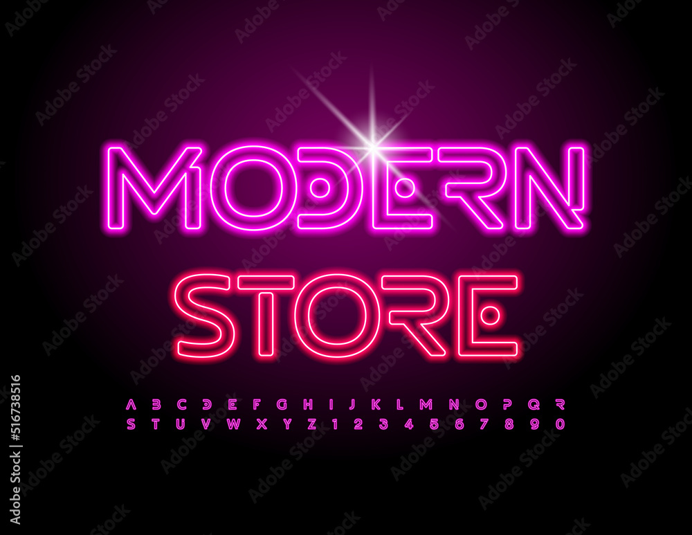 Vector bright emblem Modern Store. Pink Neon Font. Glowing Alphabet Letters and Numbers set Vector bright emblem Modern Store. Pink Neon Font. Glowing Alphabet Letters and Numbers set