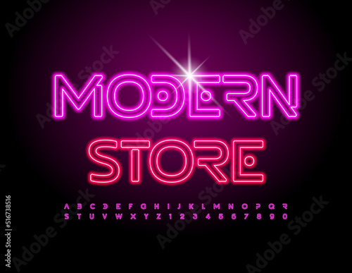Vector bright emblem Modern Store. Pink Neon Font. Glowing Alphabet Letters and Numbers set