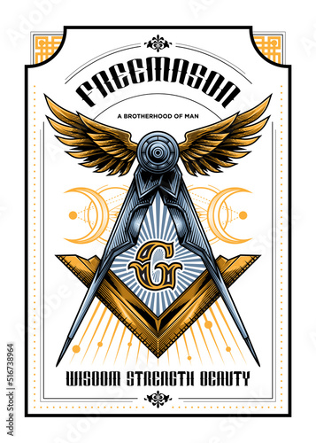 Freemasonry conspiracy logo poster design. Vector illustration in engraving technique of illuminati symbol with ruler, wings, sacred geometry and typography. photo