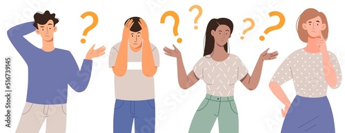 Thinking young men and women.Puzzled and confused people with a question mark.