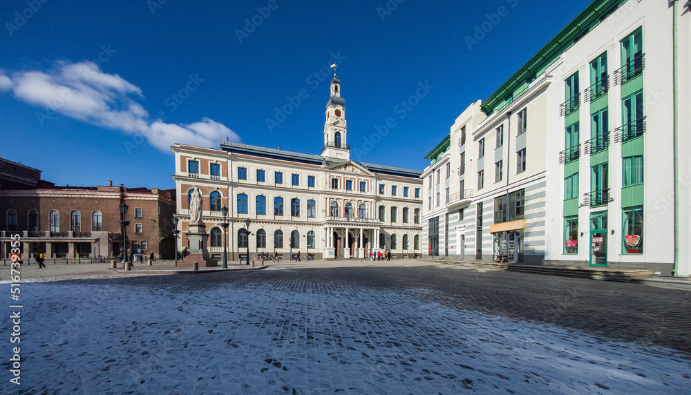 Riga City Hall Square. The clock tower. Modern architecture.