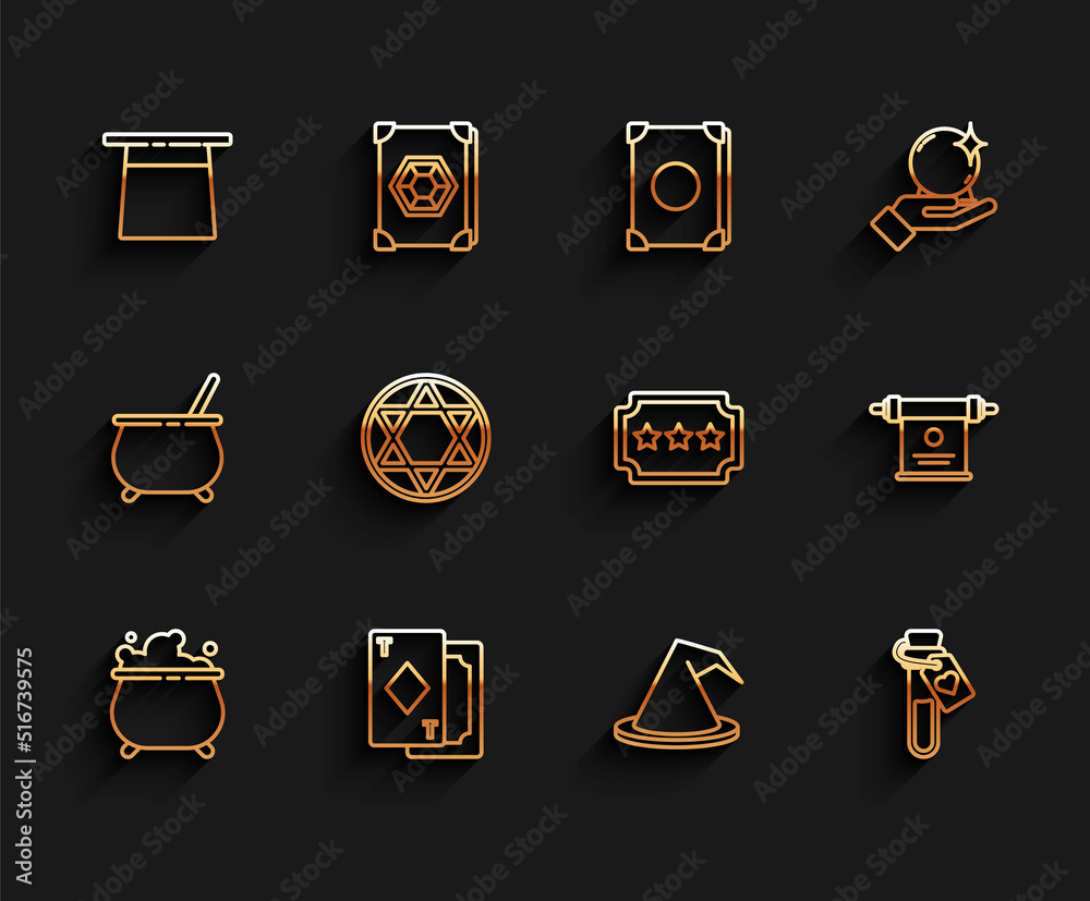 Set line Witch cauldron, Playing cards, Magician hat, Bottle with love potion, Star of David, scroll and Ticket icon. Vector Set line Witch cauldron, Playing cards, Magician hat, Bottle with love potion, Star of David, scroll and Ticket icon. Vector