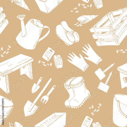 Nice light seamless pattern with silhouette garden tools, watering can, boots, shovels, seeds. Endless texture with monochrome white elements on beige background. Vector illustration.