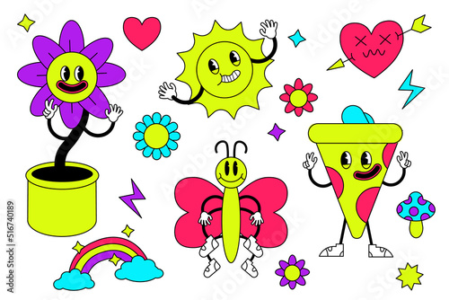 Acid abstract characters and objects. In a cartoon style, a set of bright psychedelics, all elements are isolated EPS