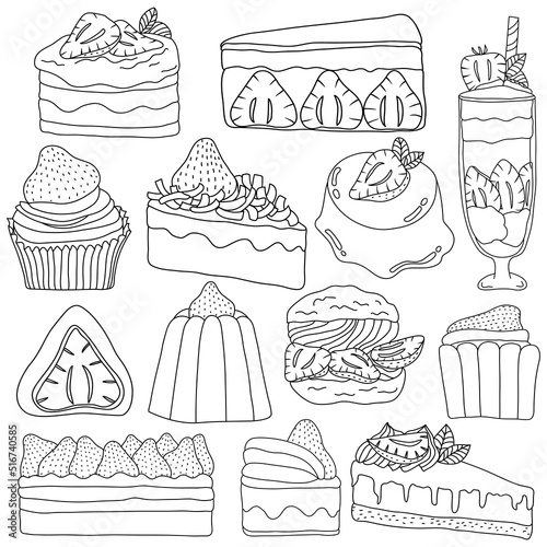 Hand drawn strawberry and chocolate cake and dessert collection in doodle art style on white background