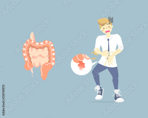 man having stomachache, symptoms of appendicitis with large, small intestine and appendix, internal organs anatomy body part, health care medical, vector illustration cartoon flat character design