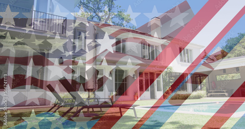 Image of american flag and stars with stripes over house Image of american flag and stars with stripes over house